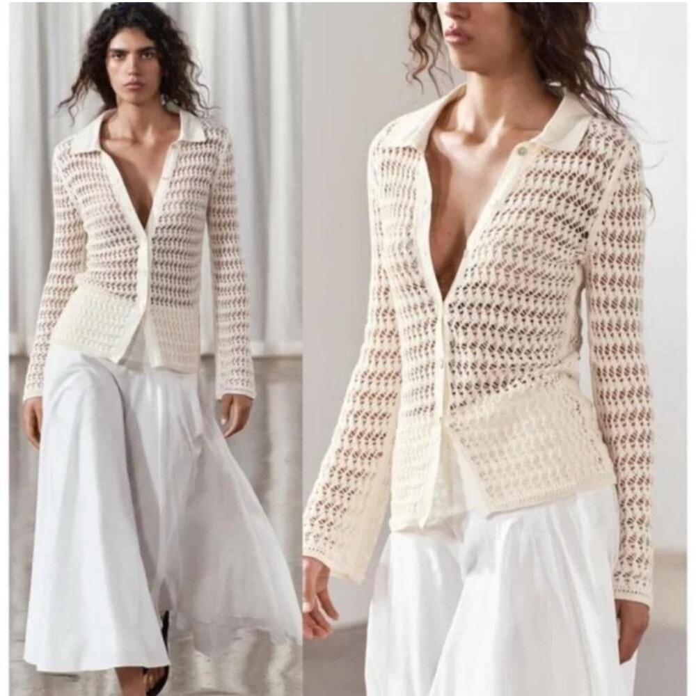 ZARA IVORY CREAM OPEN CROCHET LACE BUTTON DOWN BLOUSE/CARDIGAN SIZE SMALL